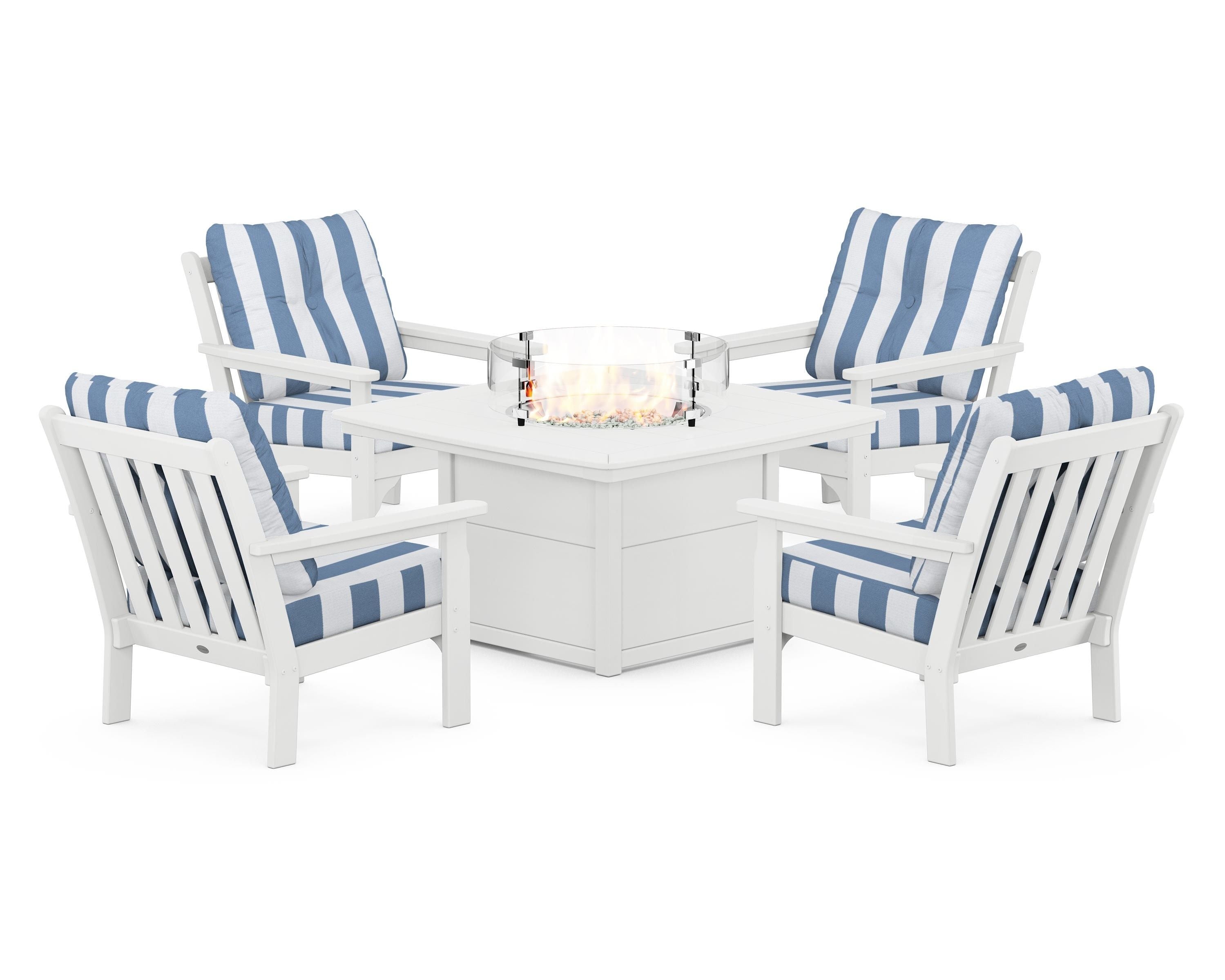 POLYWOOD® Vineyard 5-Piece Conversation Set with Fire Pit Table in White / Cabana Stripe Sky Blue