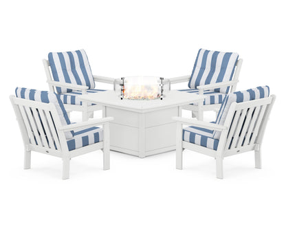 POLYWOOD® Vineyard 5-Piece Conversation Set with Fire Pit Table in White / Cabana Stripe Sky Blue
