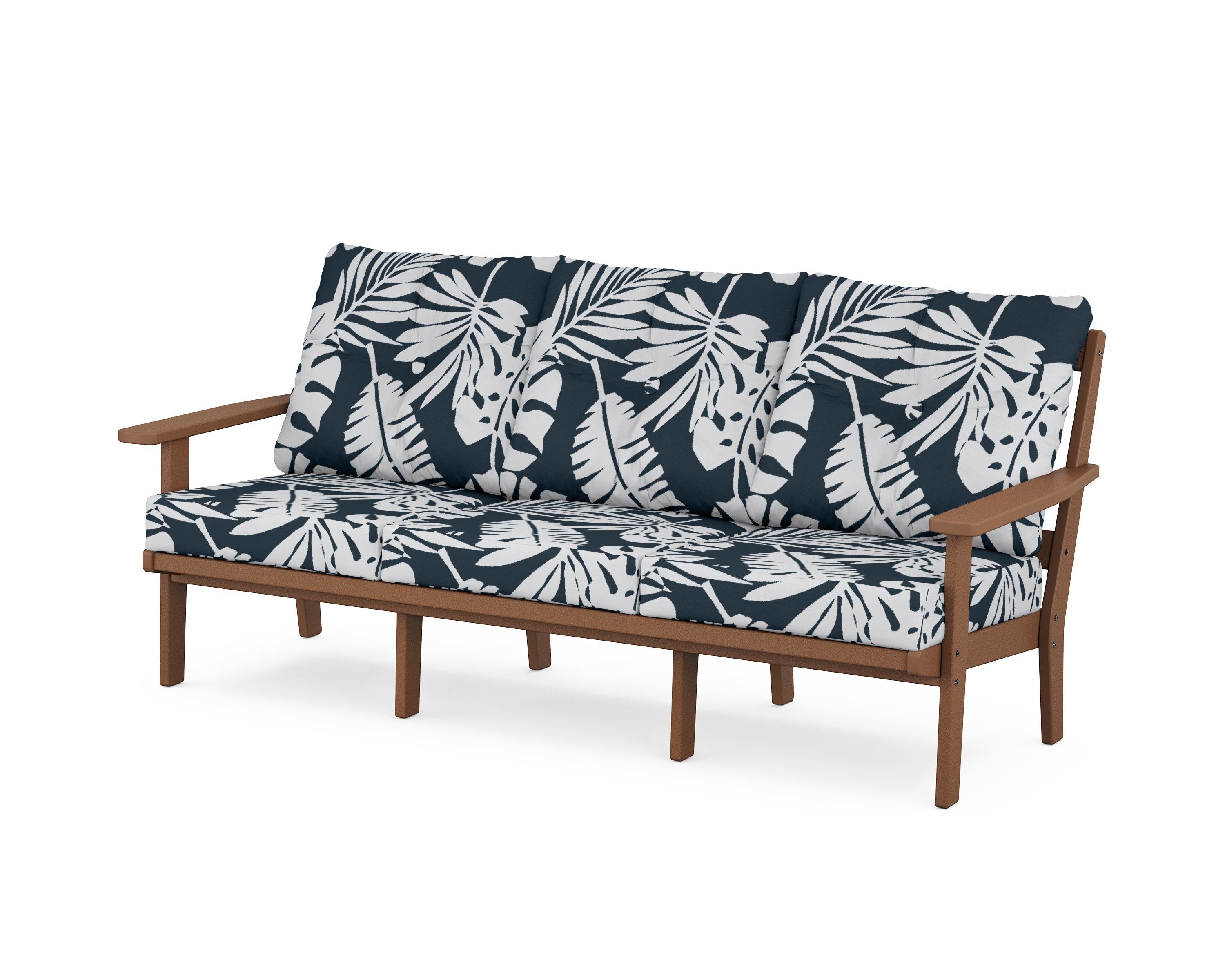POLYWOOD® Prairie Deep Seating Sofa in Teak / Leaf Marine Indigo