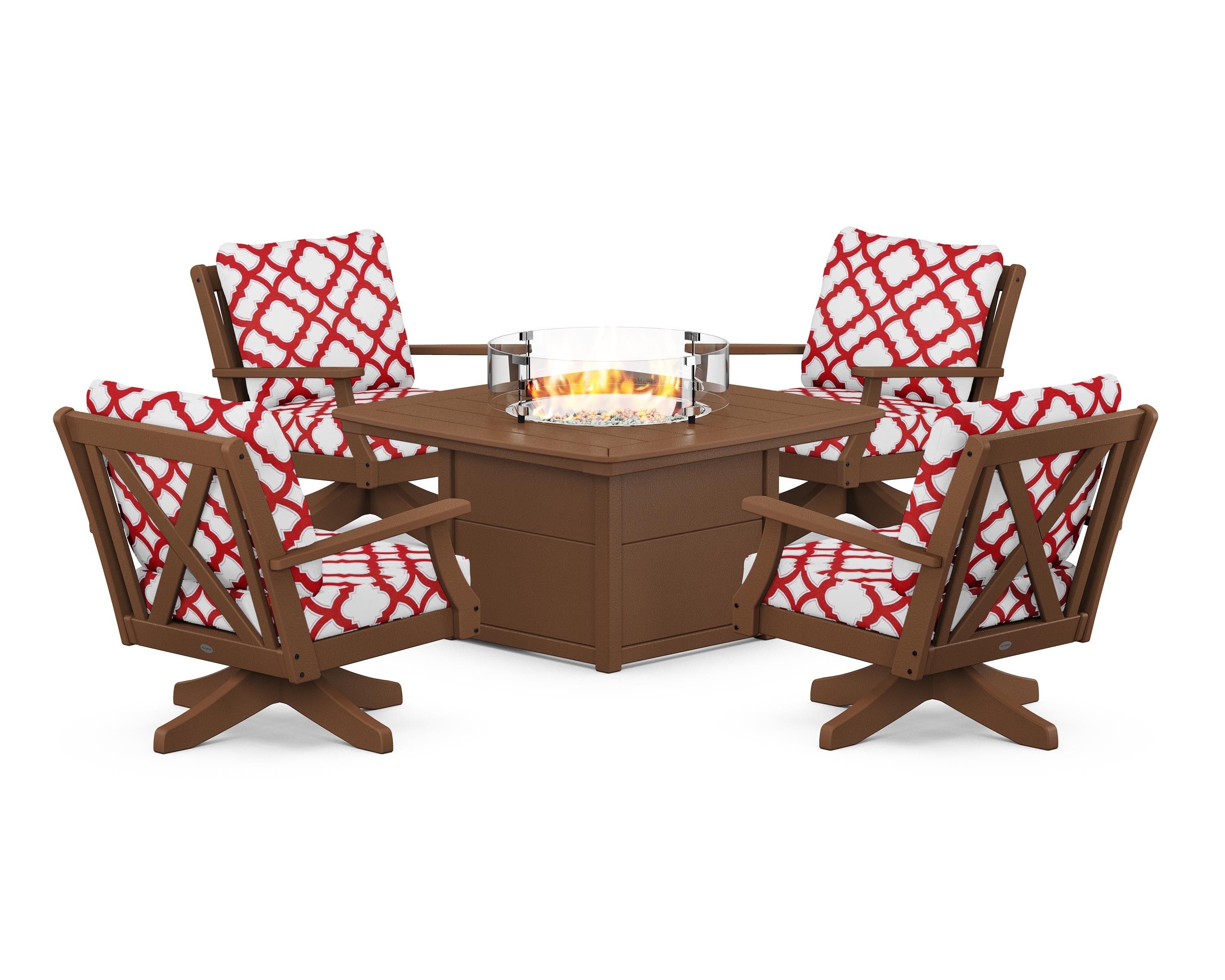 POLYWOOD® Braxton 5-Piece Deep Seating Swivel Conversation Set with Fire Pit Table in Teak / Trellis Crimson