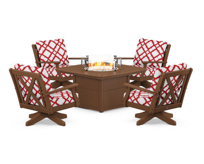 POLYWOOD® Braxton 5-Piece Deep Seating Swivel Conversation Set with Fire Pit Table in Teak / Trellis Crimson