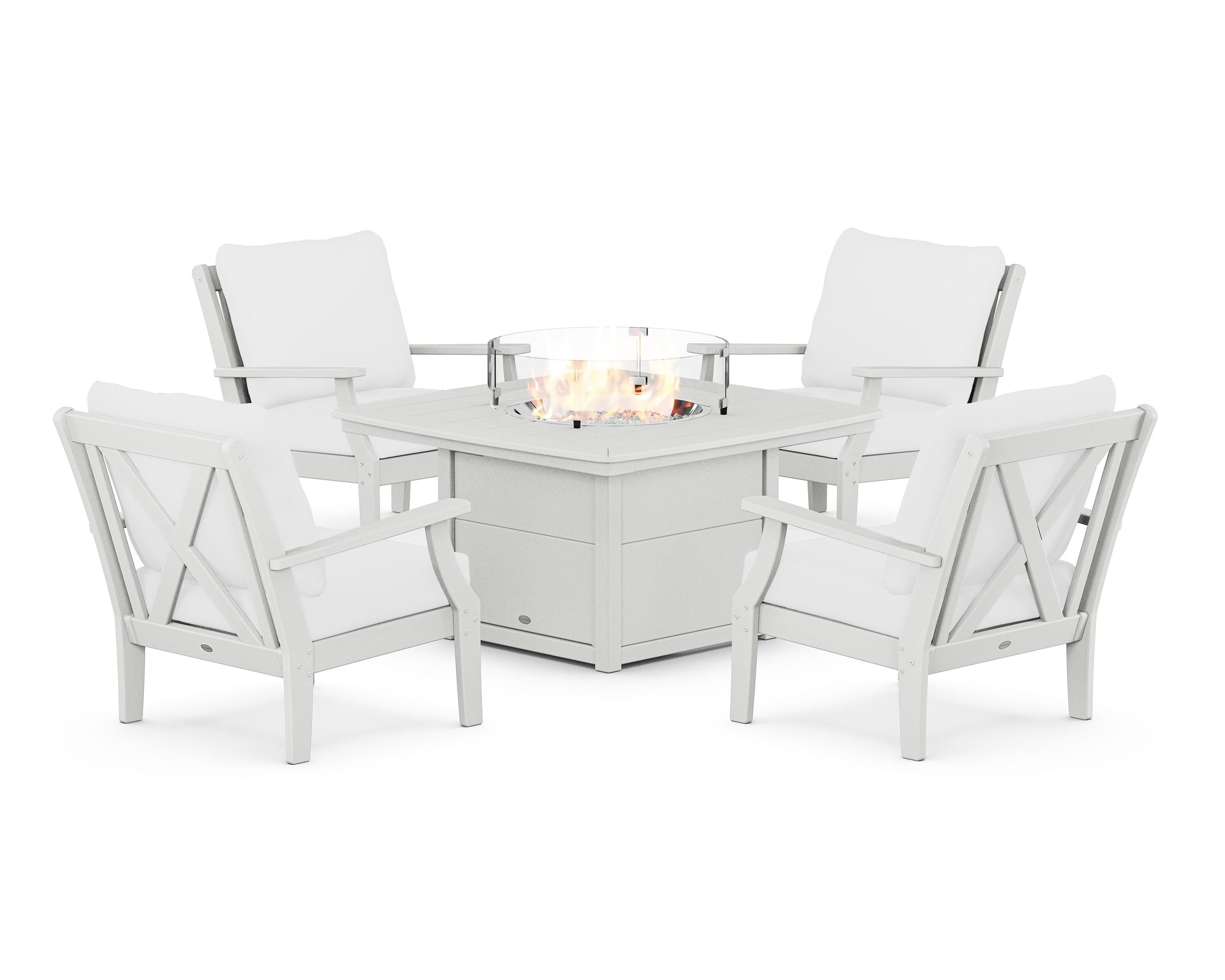 POLYWOOD® Braxton 5-Piece Deep Seating Conversation Set with Fire Pit Table in White / Natural