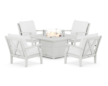 POLYWOOD® Braxton 5-Piece Deep Seating Conversation Set with Fire Pit Table in White / Natural