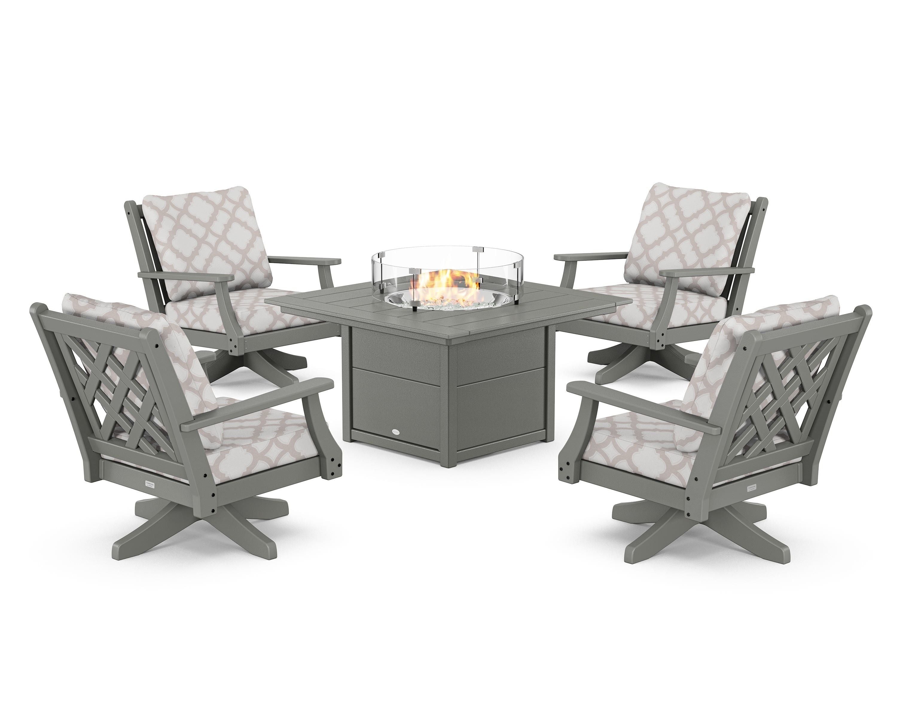 Country Living Wovendale 5-Piece Deep Seating Swivel Conversation Set with Fire Pit Table in Slate Grey / Trellis Dune Burlap