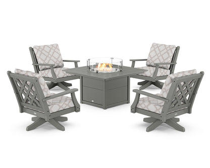 Country Living Wovendale 5-Piece Deep Seating Swivel Conversation Set with Fire Pit Table in Slate Grey / Trellis Dune Burlap