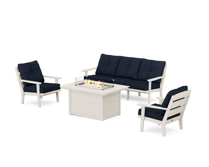 POLYWOOD® Lakeside Deep Seating Fire Pit Table Set in Sand / Marine Indigo