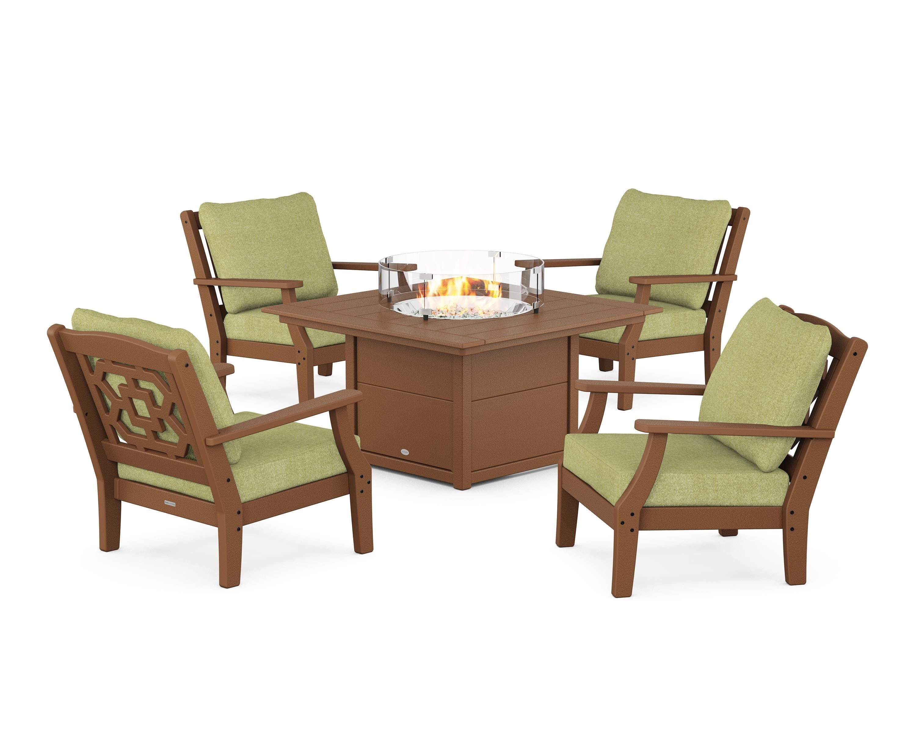 Martha Stewart by POLYWOOD® Chinoiserie 5-Piece Deep Seating Set with Fire Pit Table in Teak / Chartreuse Boucle