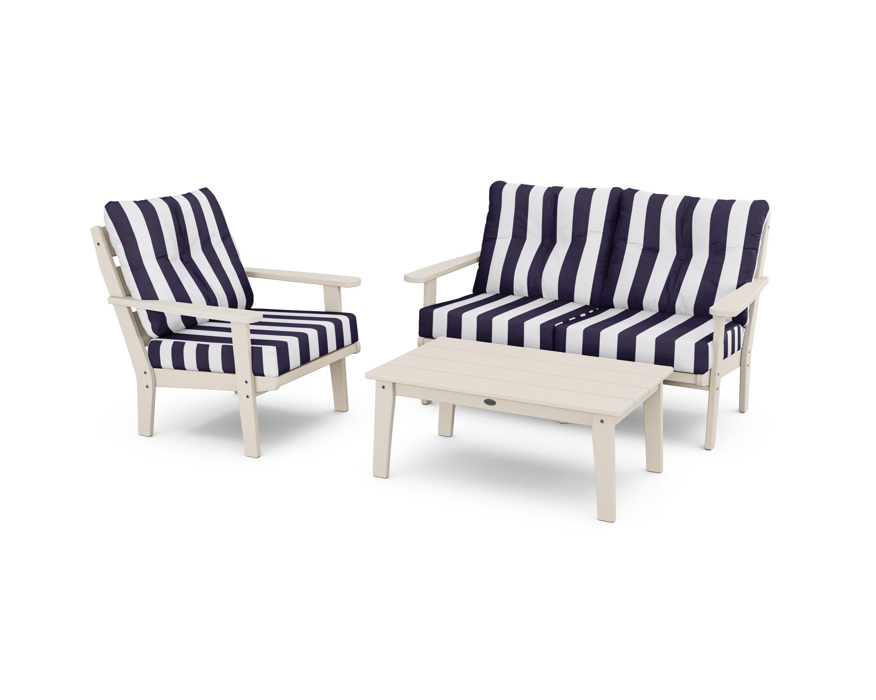 POLYWOOD® Lakeside 3-Piece Deep Seating Set in Sand / Cabana Stripe Navy