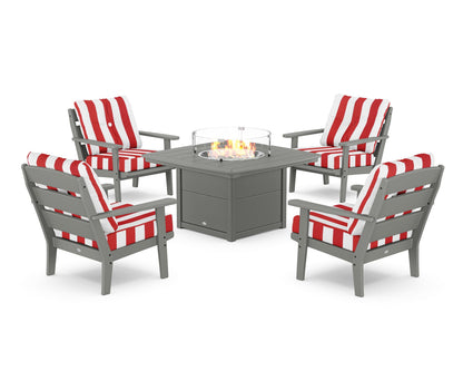 POLYWOOD® Lakeside 5-Piece Deep Seating Set with Nautical Fire Pit Table in Slate Grey / Cabana Stripe Crimson