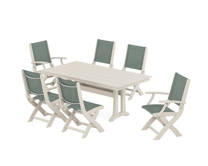 POLYWOOD® Coastal Folding Chair 7-Piece Farmhouse Dining Set with Trestle Legs in Sand / Dupioni Sea Mist Sling