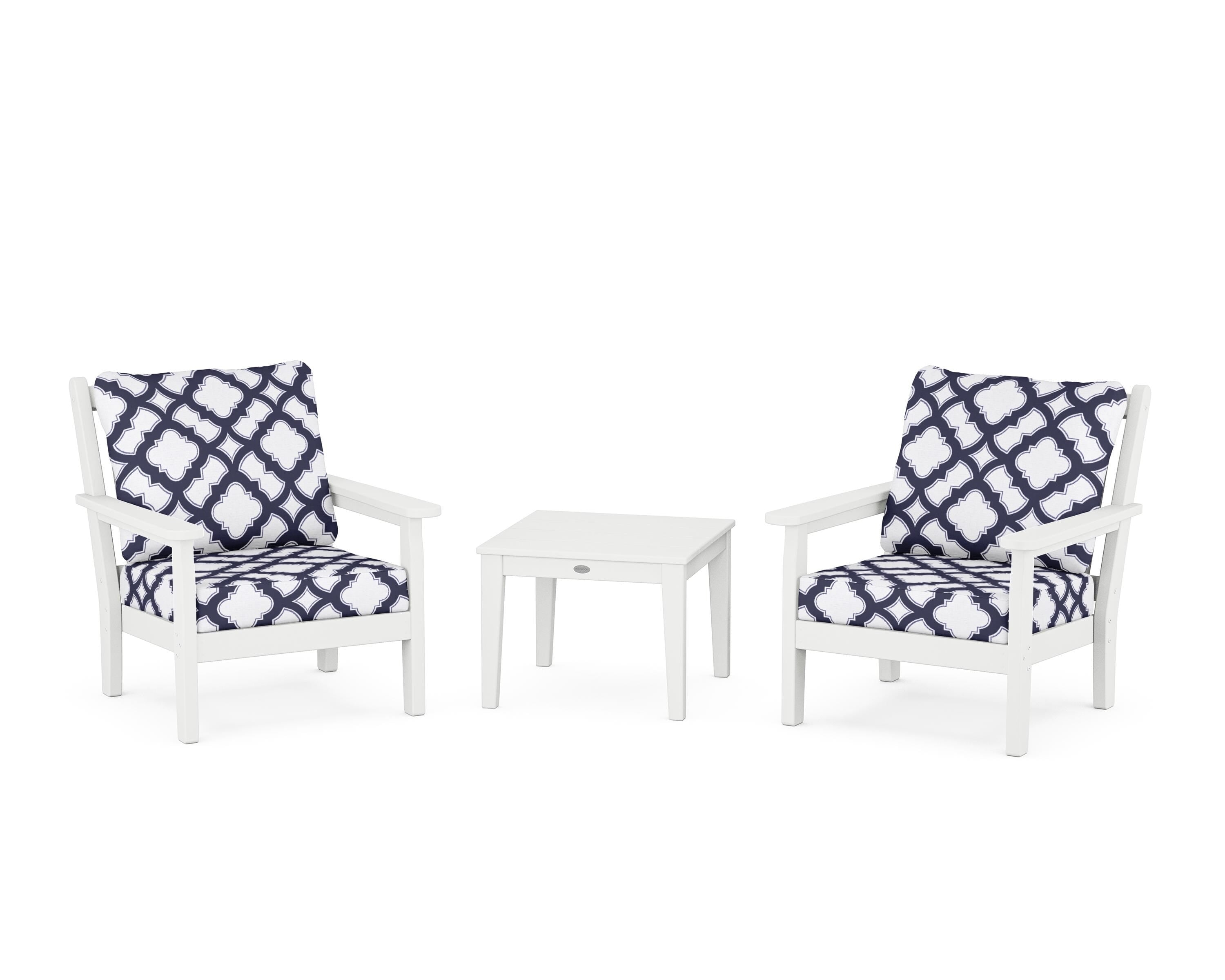POLYWOOD® Chippendale 3-Piece Deep Seating Set in White / Trellis Navy