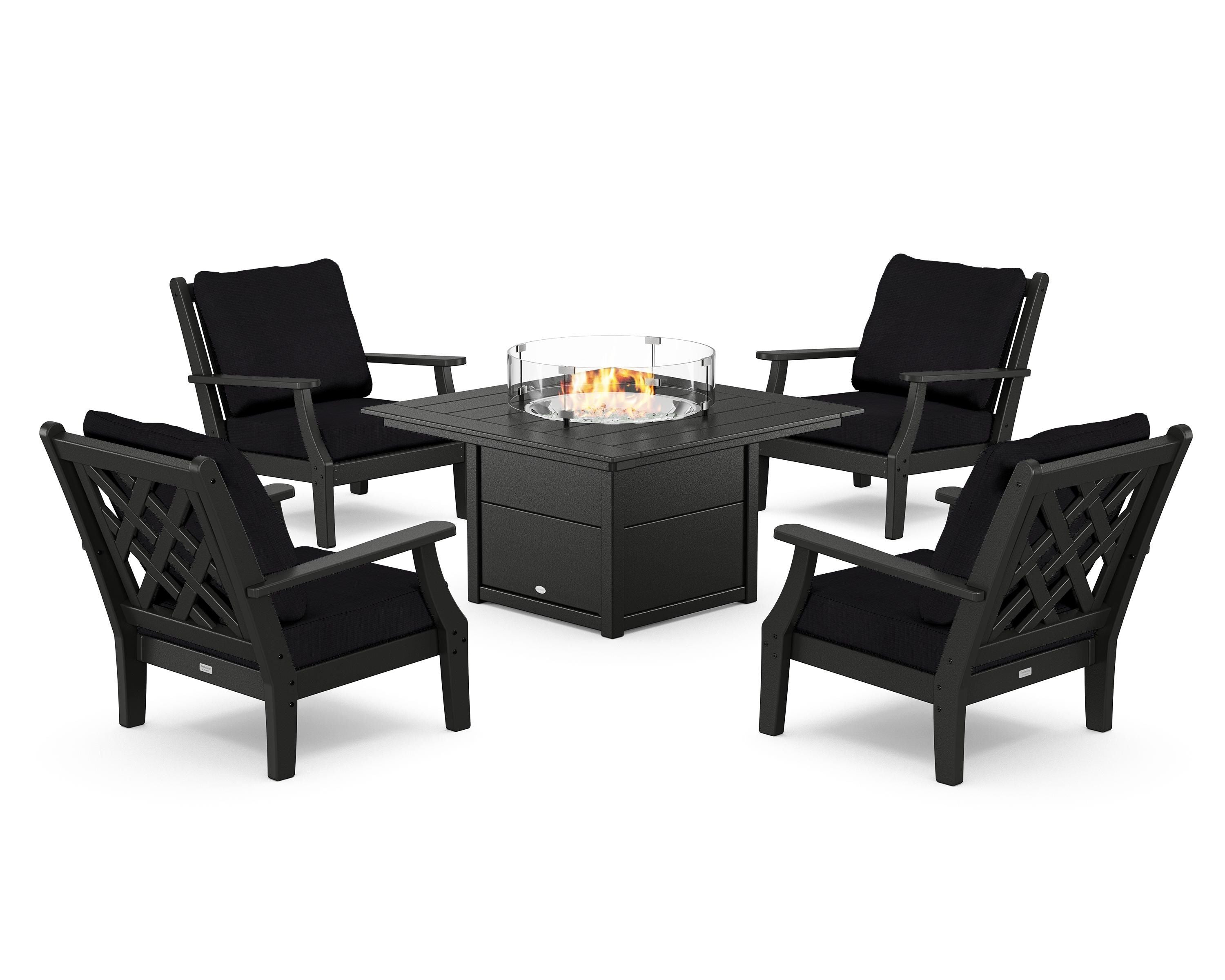 Country Living Wovendale 5-Piece Deep Seating Set with Fire Pit Table in Black / Midnight Linen