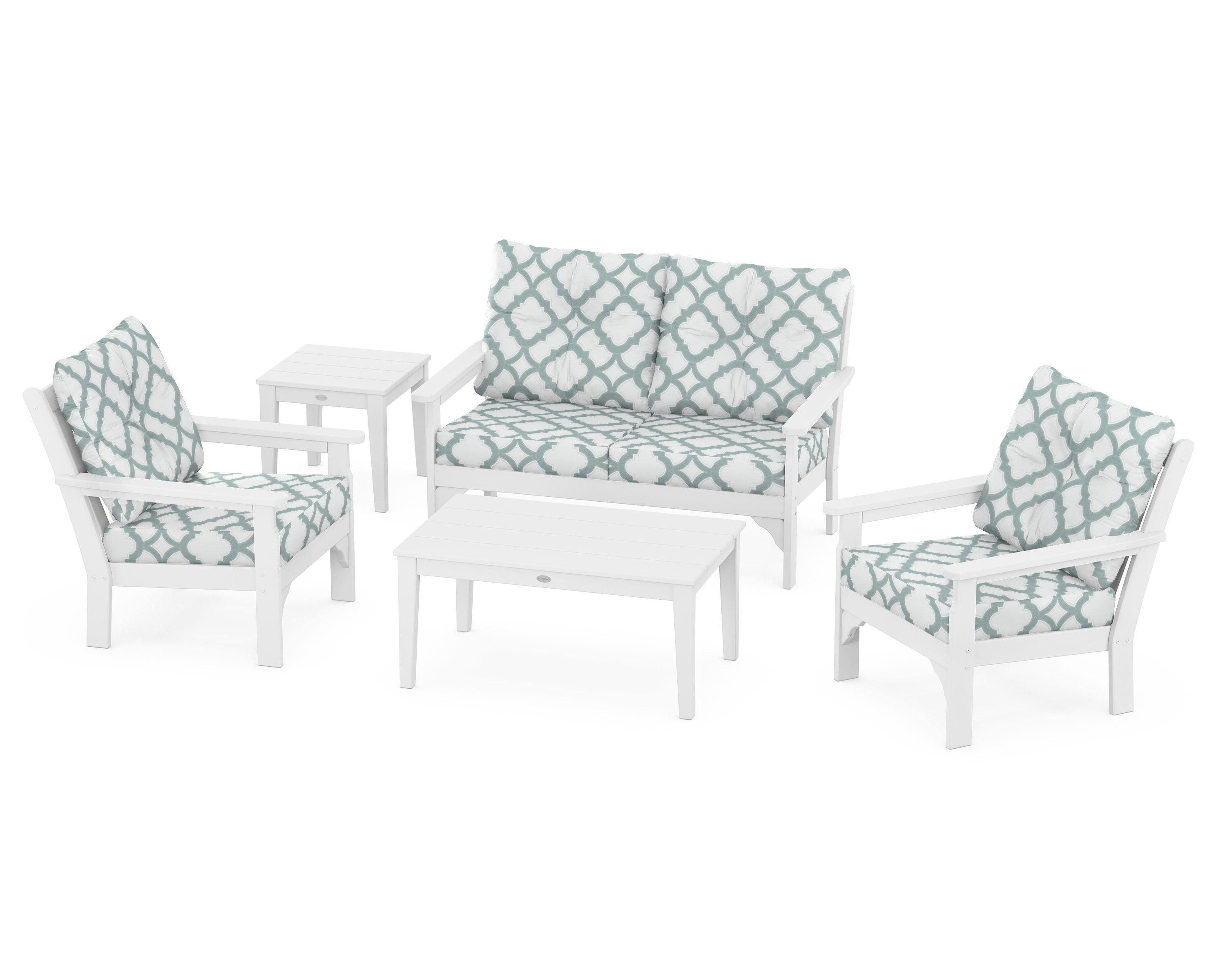 POLYWOOD® Vineyard 5-Piece Deep Seating Set in White / Trellis Glacier Spa