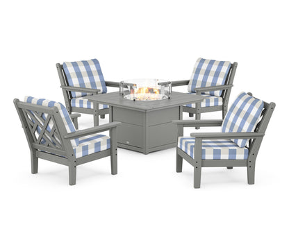 POLYWOOD® Chippendale 5-Piece Deep Seating Set with Fire Pit Table in Slate Grey / Buffalo Plaid Sky Blue
