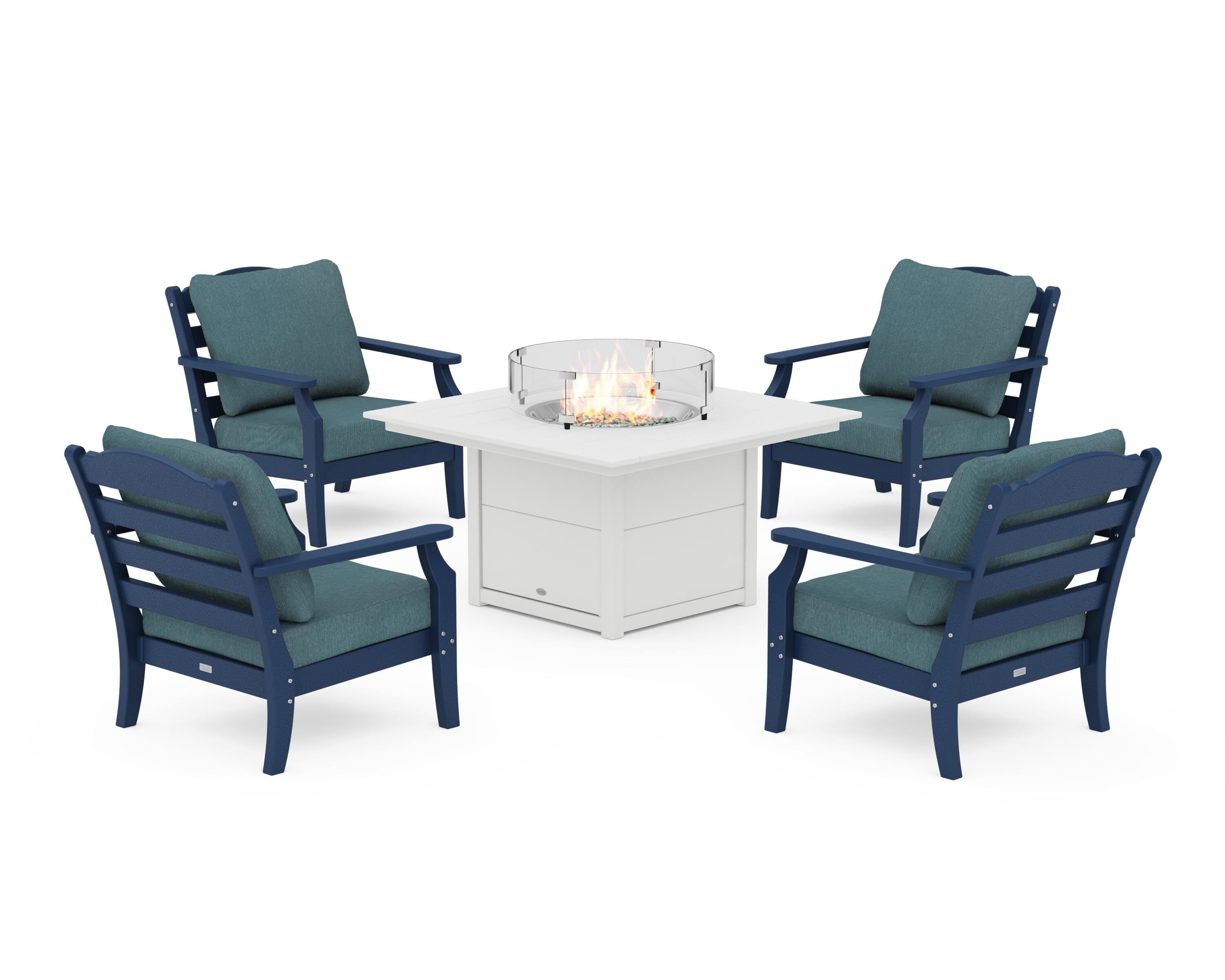 Draper James™ by  POLYWOOD® Savannah 5-Piece Deep Seating Set with Fire Pit Table in Navy / Ocean Teal