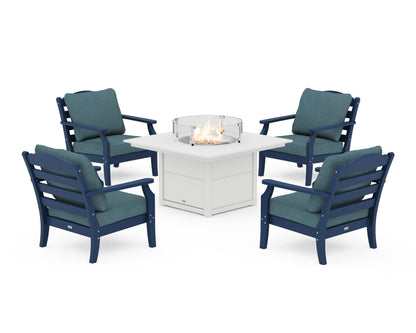 Draper James™ by  POLYWOOD® Savannah 5-Piece Deep Seating Set with Fire Pit Table in Navy / Ocean Teal