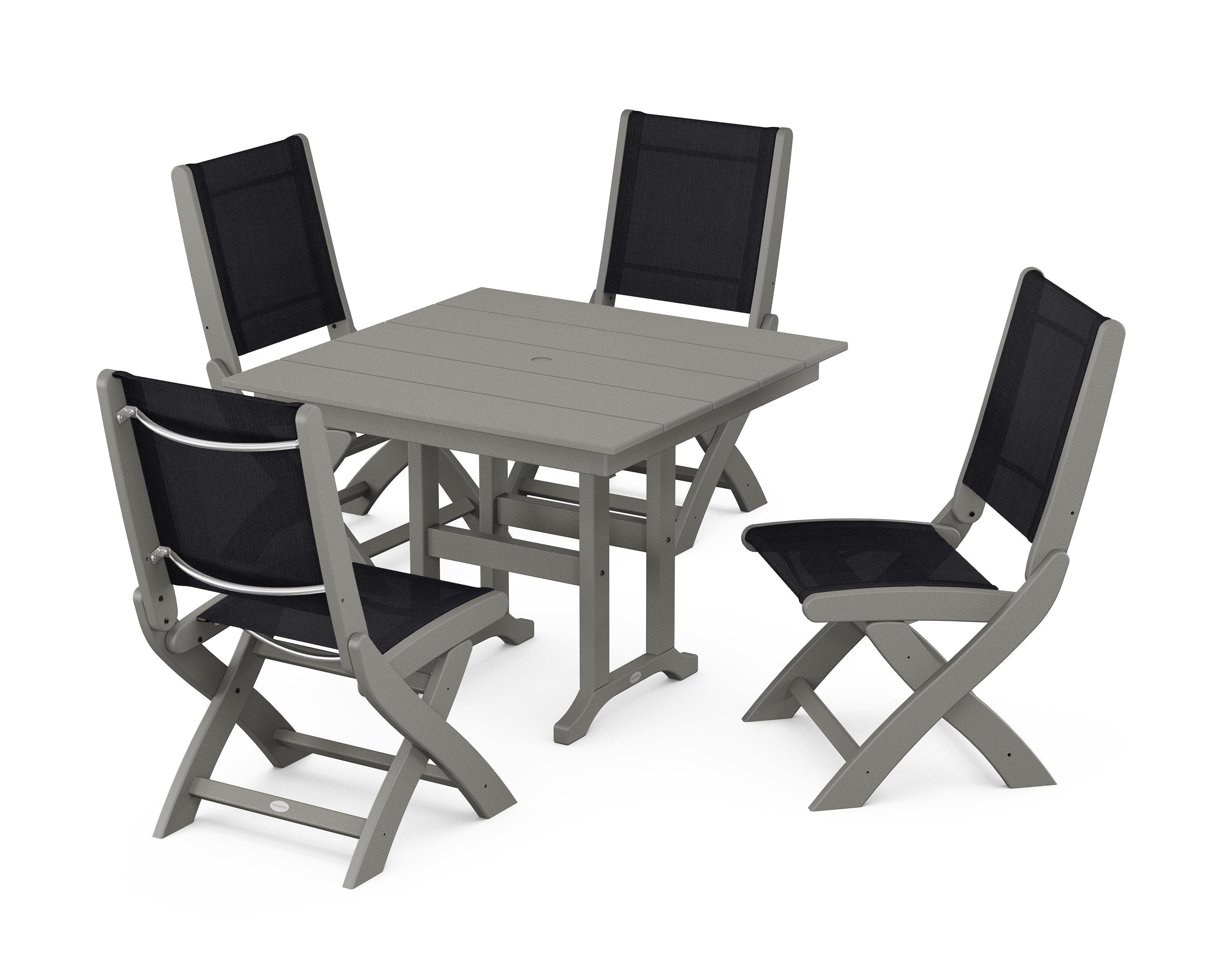 POLYWOOD® Coastal Folding Side Chair 5-Piece Farmhouse Dining Set in Slate Grey / Black Sling