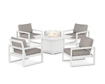 POLYWOOD® EDGE Sectional 5-Piece Deep Seating Set with Fire Pit Table in White / Weathered Tweed