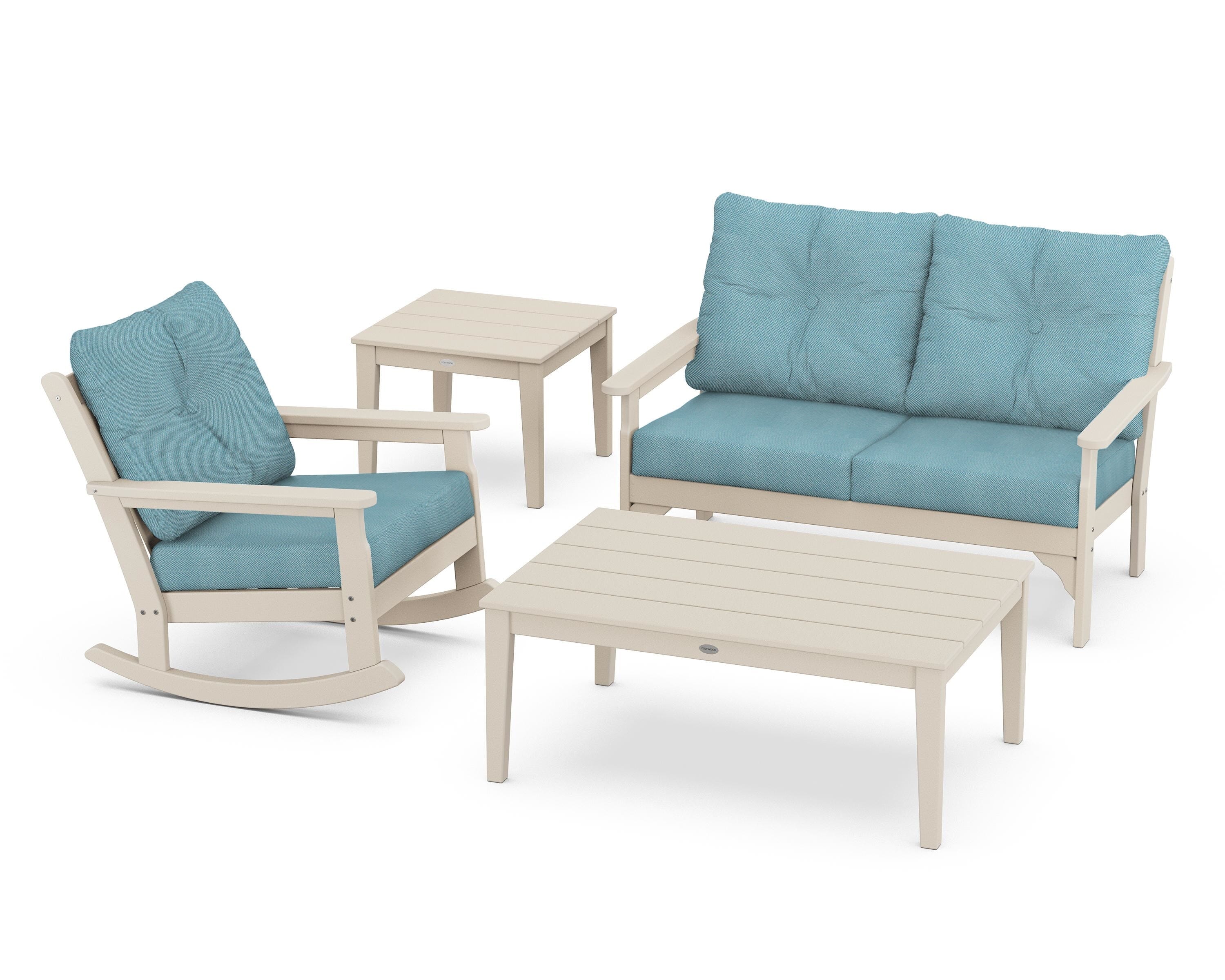 POLYWOOD® Vineyard 4-Piece Deep Seating Rocker Set in Sand / Lattice Sky Blue