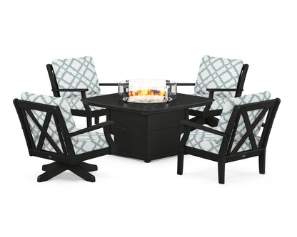 POLYWOOD® Braxton 5-Piece Deep Seating Set with Fire Table in Black / Trellis Glacier Spa