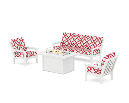 POLYWOOD® Vineyard Deep Seating Fire Pit Table Set in White / Trellis Crimson