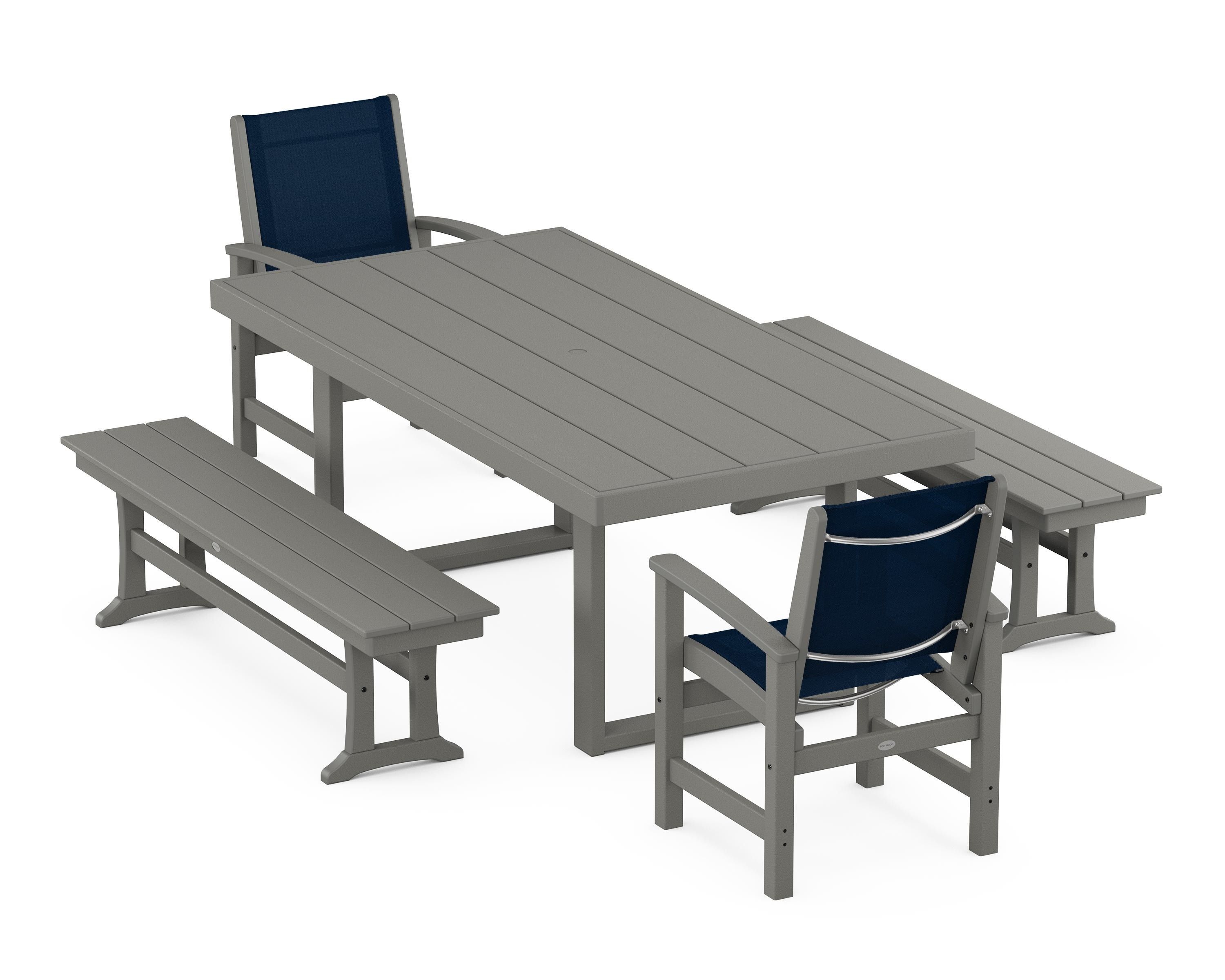 POLYWOOD® Coastal 5-Piece Dining Set with Trestle Legs in Slate Grey / Navy Blue Sling