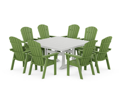 POLYWOOD® Nautical Curveback Adirondack 9-Piece Square Dining Set with Trestle Legs in Lime / White