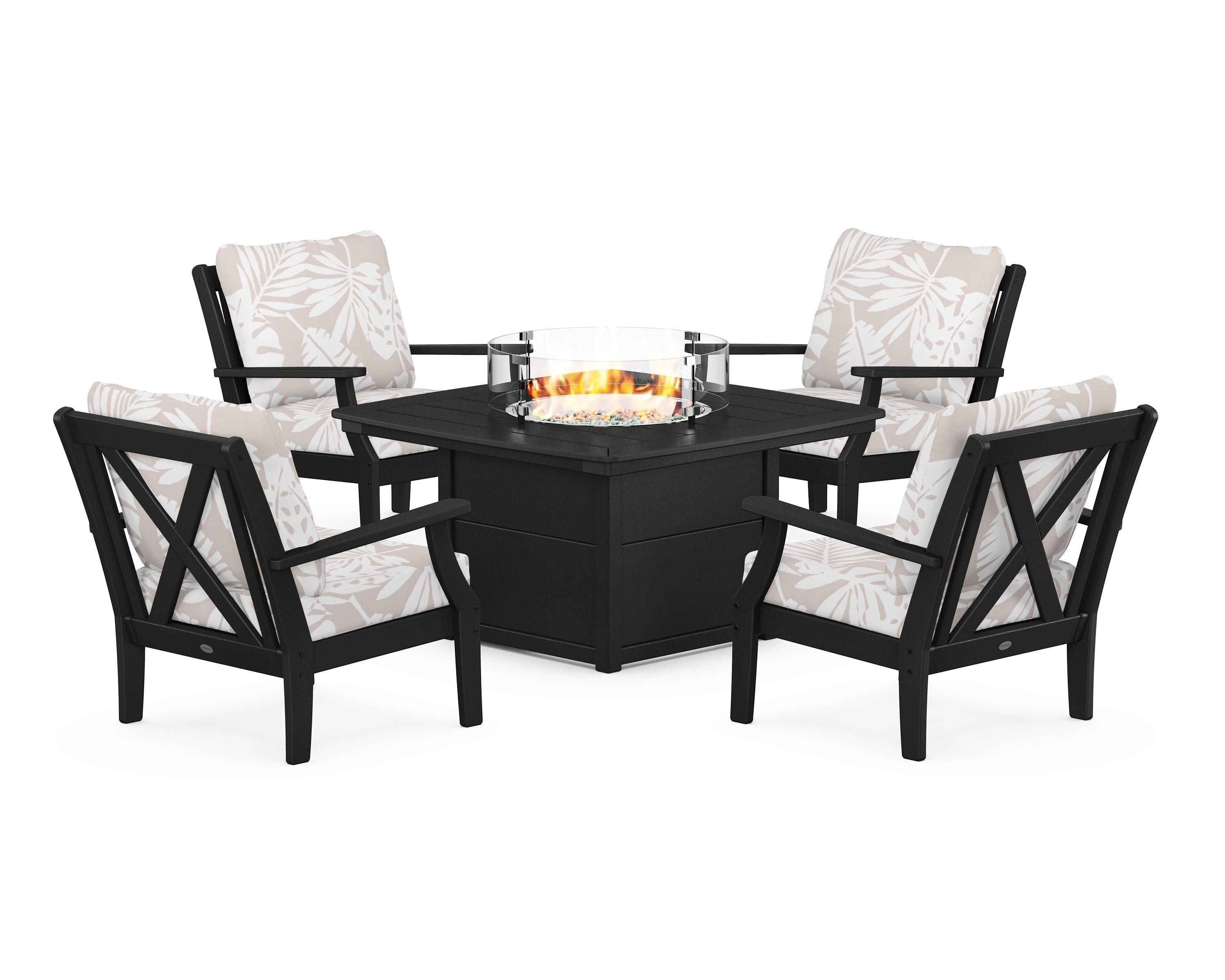 POLYWOOD® Braxton 5-Piece Deep Seating Conversation Set with Fire Pit Table in Black / Leaf Dune Burlap