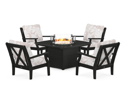 POLYWOOD® Braxton 5-Piece Deep Seating Conversation Set with Fire Pit Table in Black / Leaf Dune Burlap