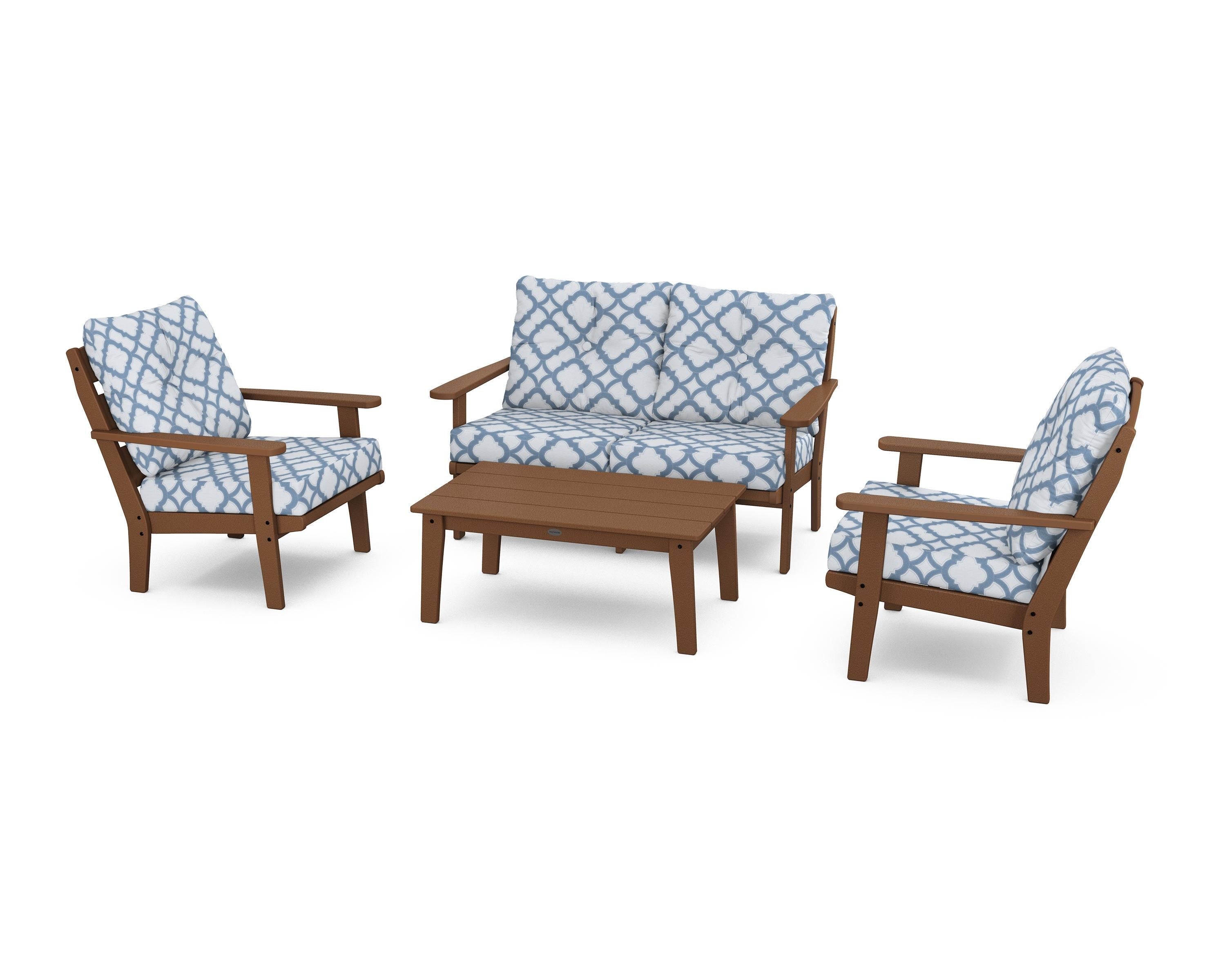 POLYWOOD® Lakeside 4-Piece Deep Seating Set in Teak / Trellis Sky Blue