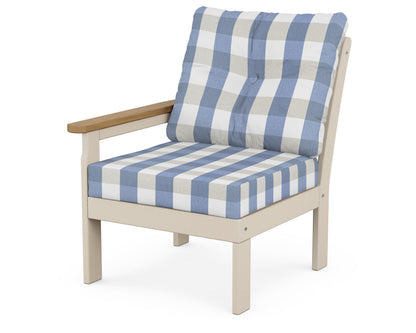 POLYWOOD® Vineyard Modular Left Arm Chair in Sand / Natural / Buffalo Plaid Sky Blue