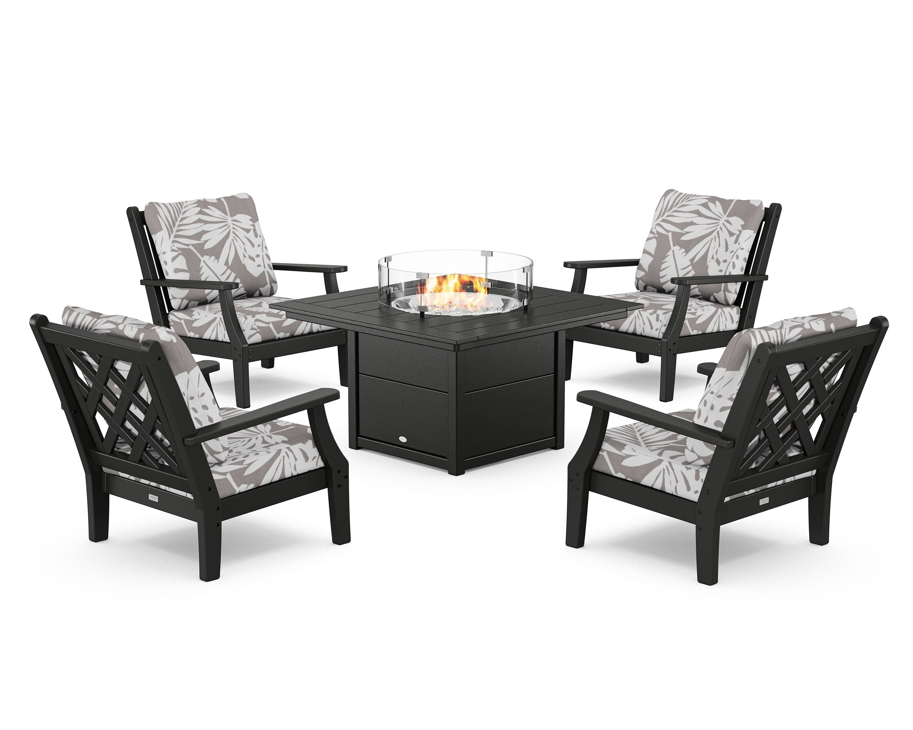 Country Living Wovendale 5-Piece Deep Seating Set with Fire Pit Table in Black / Leaf Grey Mist