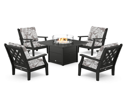 Country Living Wovendale 5-Piece Deep Seating Set with Fire Pit Table in Black / Leaf Grey Mist
