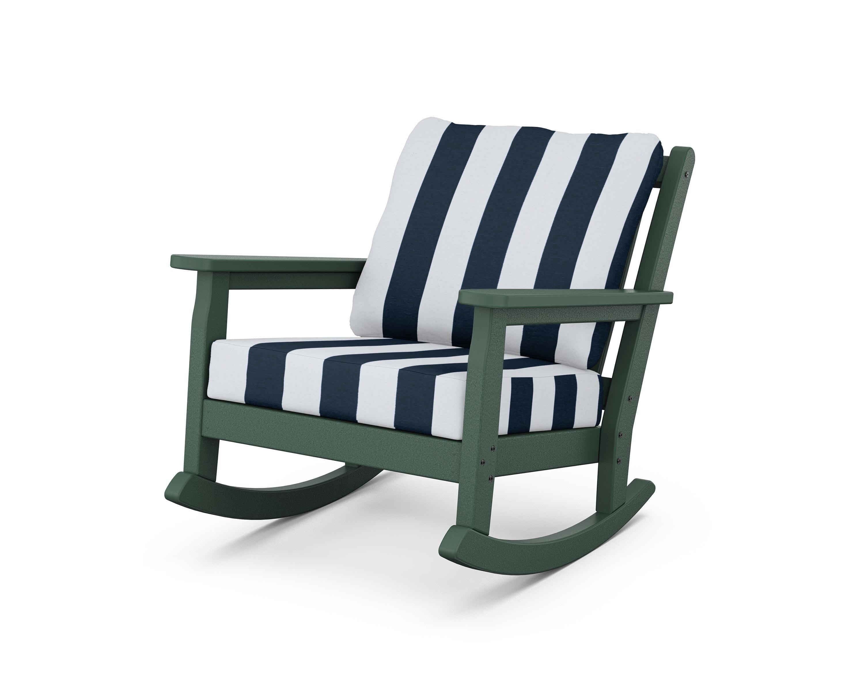 POLYWOOD® Chippendale Deep Seating Rocking Chair in Green / Cabana Stripe Marine Indigo
