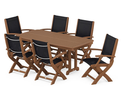 POLYWOOD® Coastal Folding Arm Chair 7-Piece Dining Set in Teak / Black Sling