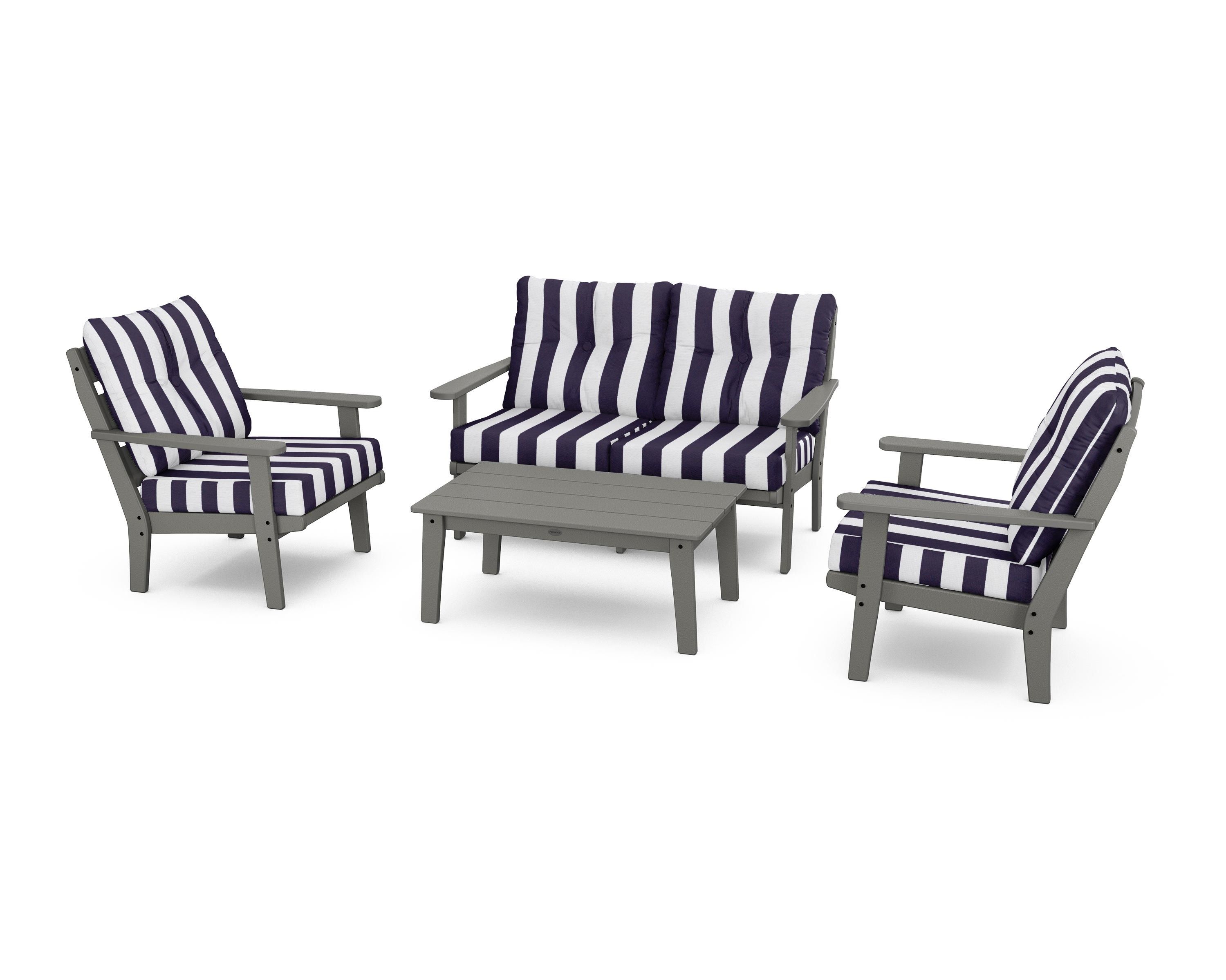 POLYWOOD® Lakeside 4-Piece Deep Seating Set in Slate Grey / Cabana Stripe Navy