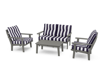 POLYWOOD® Lakeside 4-Piece Deep Seating Set in Slate Grey / Cabana Stripe Navy