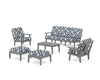 POLYWOOD® Prairie 6-Piece Lounge Sofa Set in Slate Grey / Trellis Marine Indigo