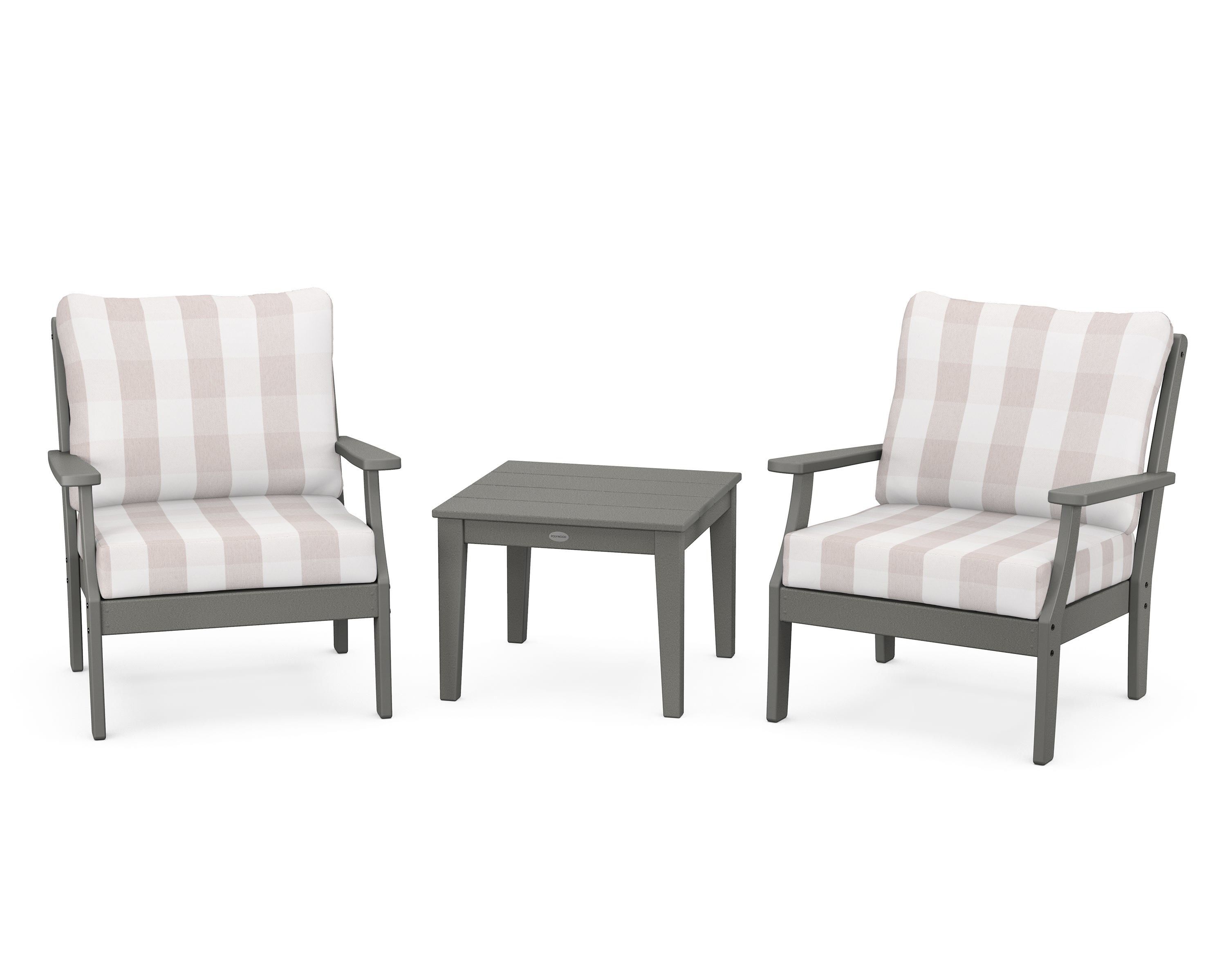 POLYWOOD® Braxton 3-Piece Deep Seating Set in Slate Grey / Buffalo Plaid Dune Burlap