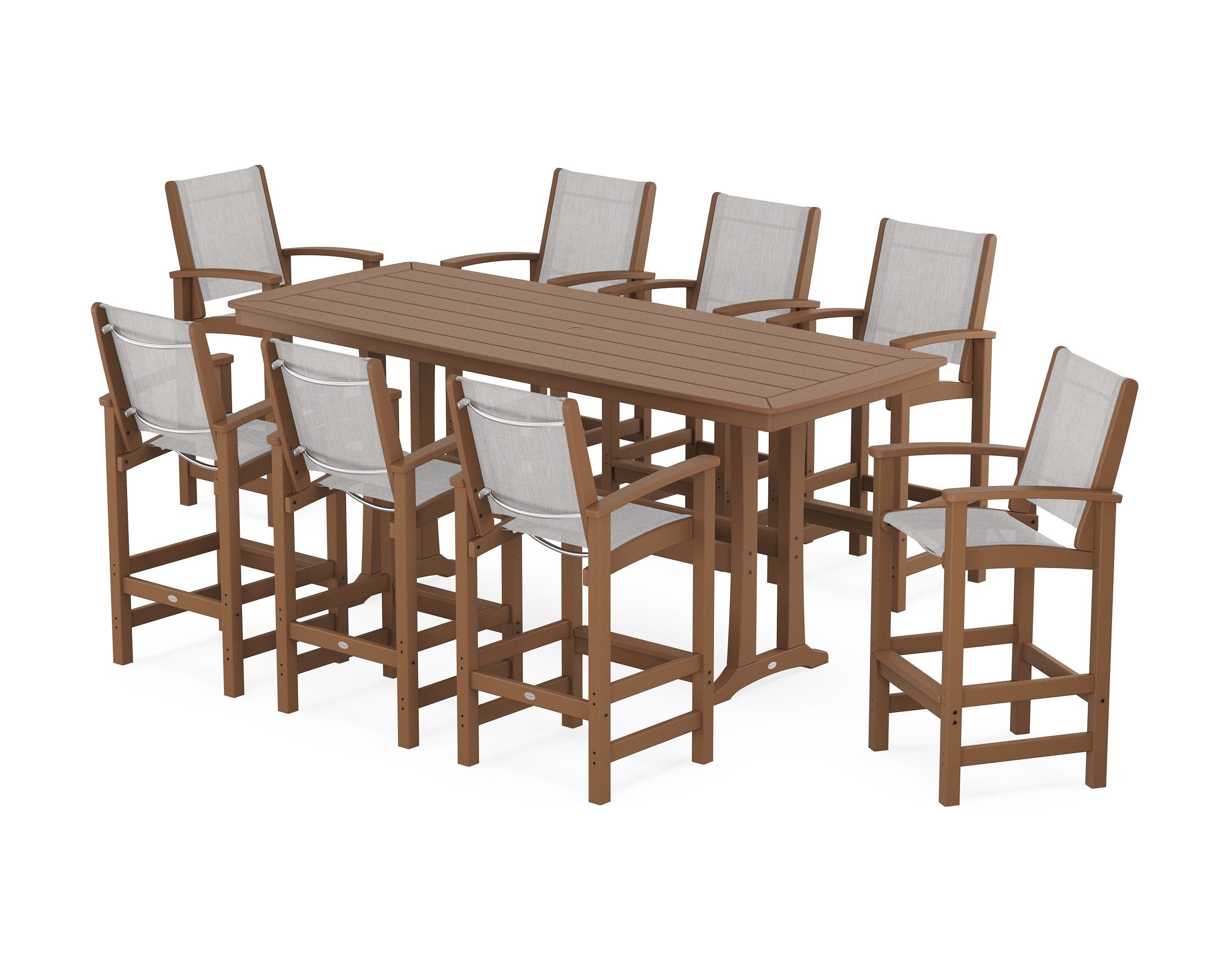 POLYWOOD® Coastal 9-Piece Bar Set with Trestle Legs in Teak / Parchment Sling