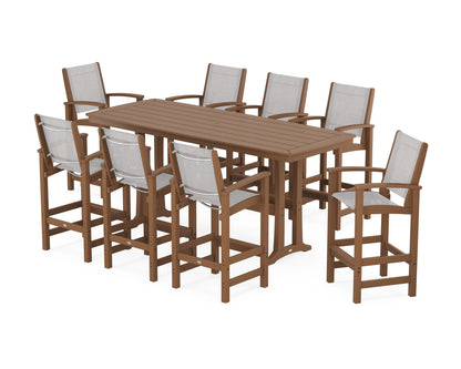 POLYWOOD® Coastal 9-Piece Bar Set with Trestle Legs in Teak / Parchment Sling