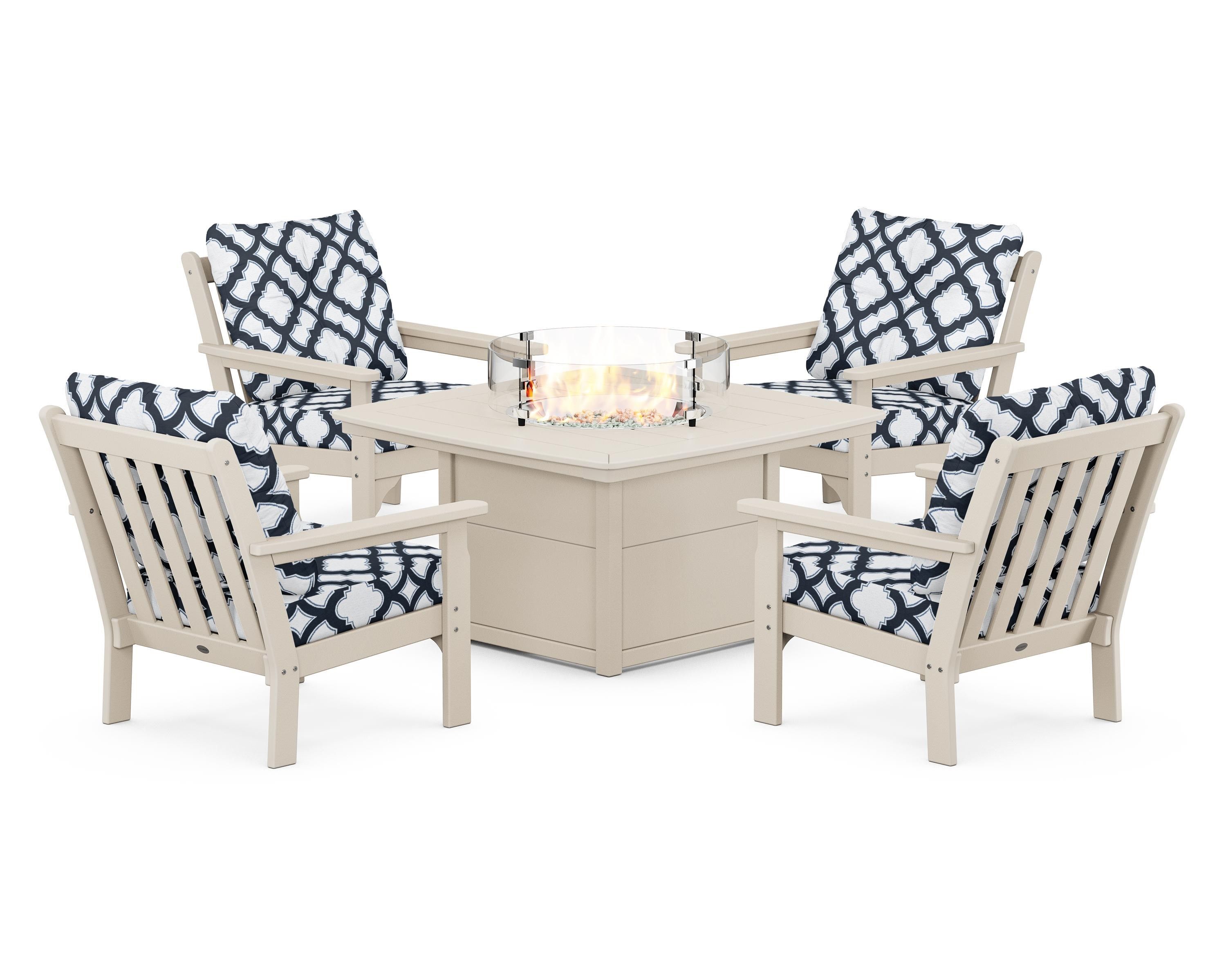 POLYWOOD® Vineyard 5-Piece Conversation Set with Fire Pit Table in Sand / Trellis Marine Indigo