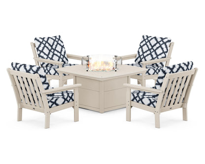 POLYWOOD® Vineyard 5-Piece Conversation Set with Fire Pit Table in Sand / Trellis Marine Indigo