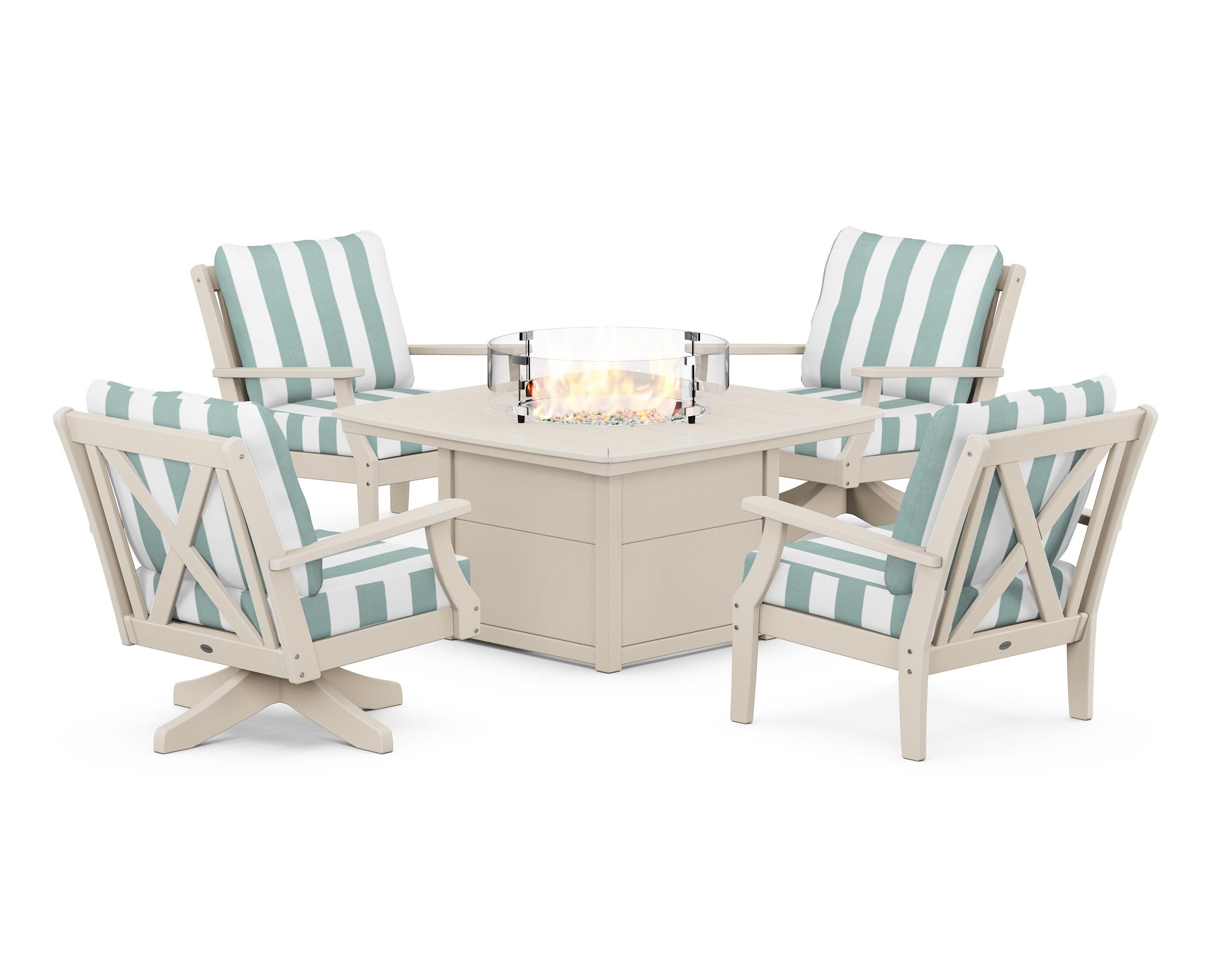 POLYWOOD® Braxton 5-Piece Deep Seating Set with Fire Table in Sand / Cabana Stripe Glacier Spa