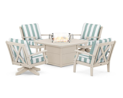 POLYWOOD® Braxton 5-Piece Deep Seating Set with Fire Table in Sand / Cabana Stripe Glacier Spa