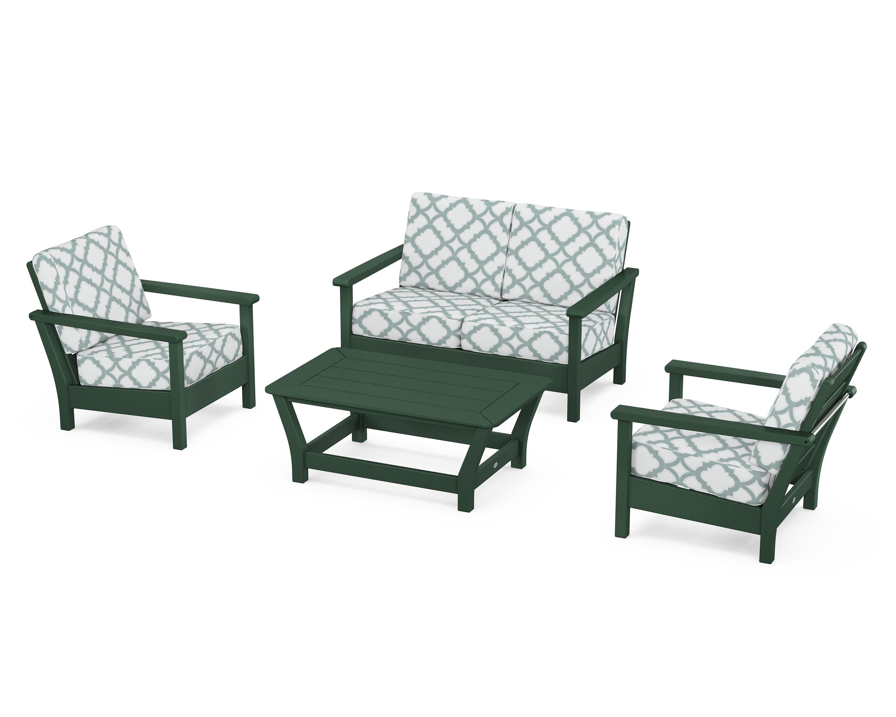 POLYWOOD® Harbour 4-Piece Deep Seating Set in Green / Trellis Glacier Spa