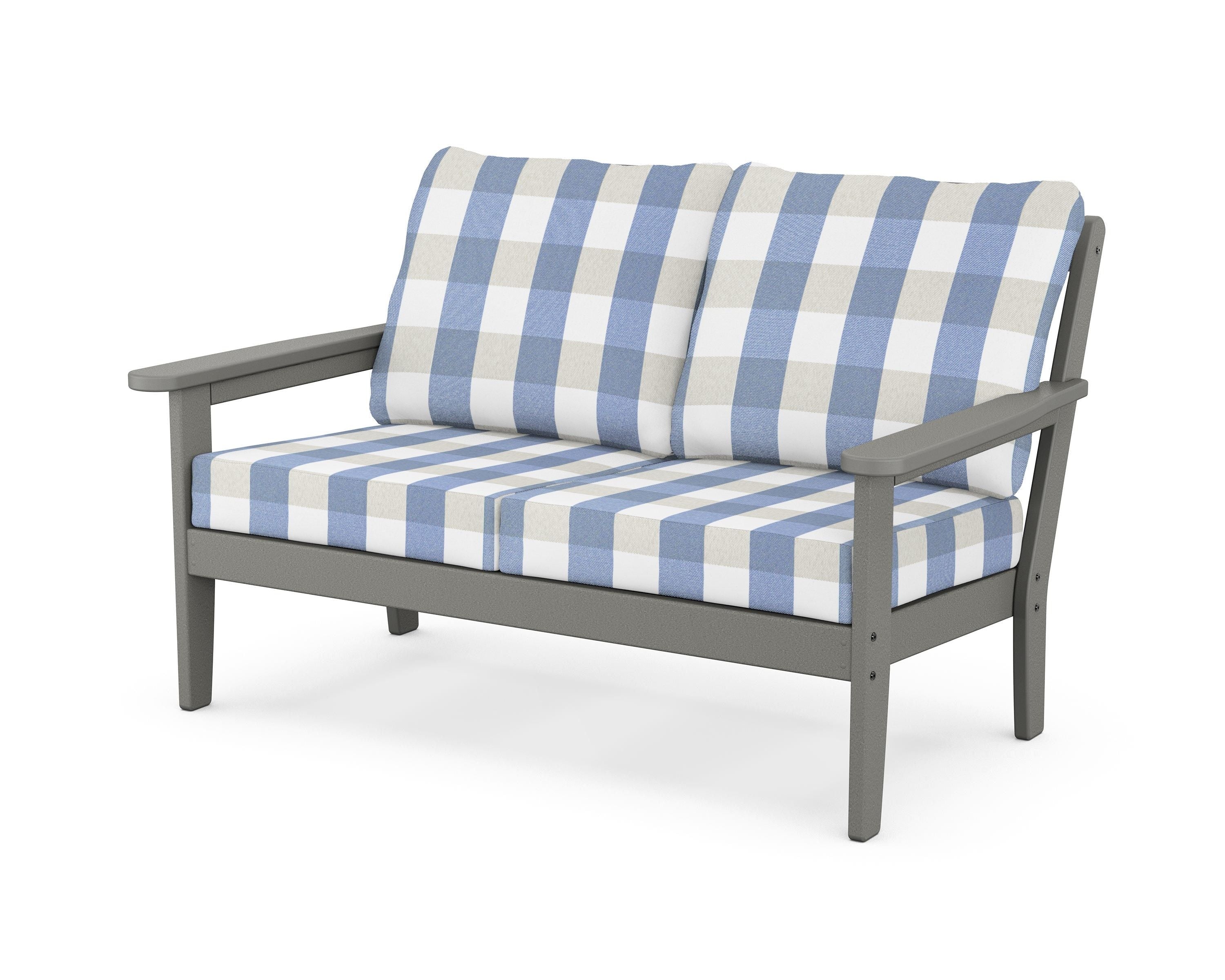 Country Living Cottage Deep Seating Loveseat in Slate Grey / Buffalo Plaid Sky Blue