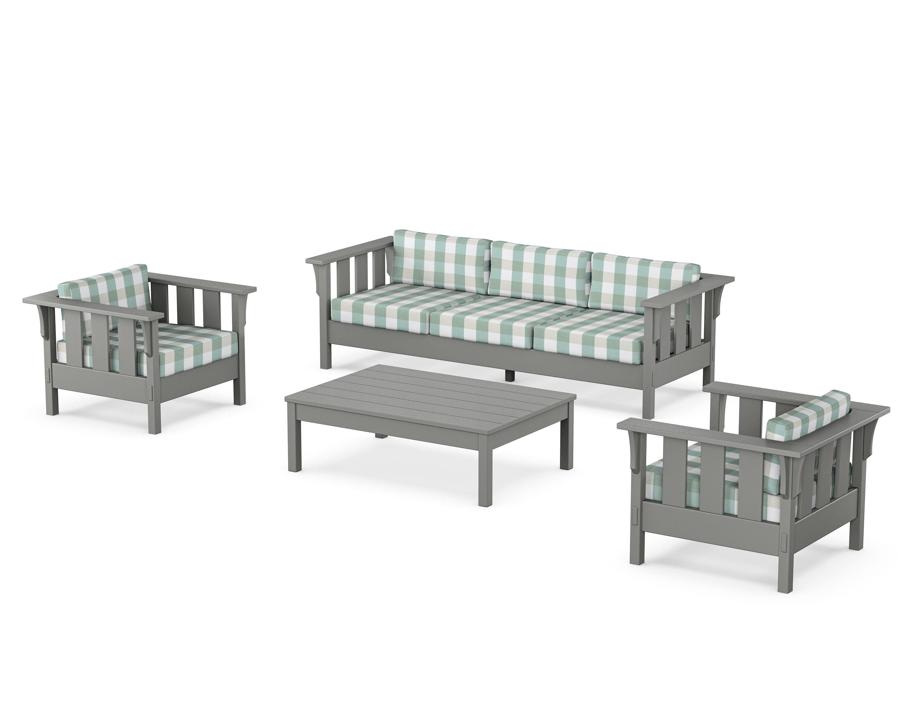 Martha Stewart by POLYWOOD® Acadia 4-Piece Deep Seating Set with Sofa in Slate Grey / Buffalo Plaid Glacier Spa