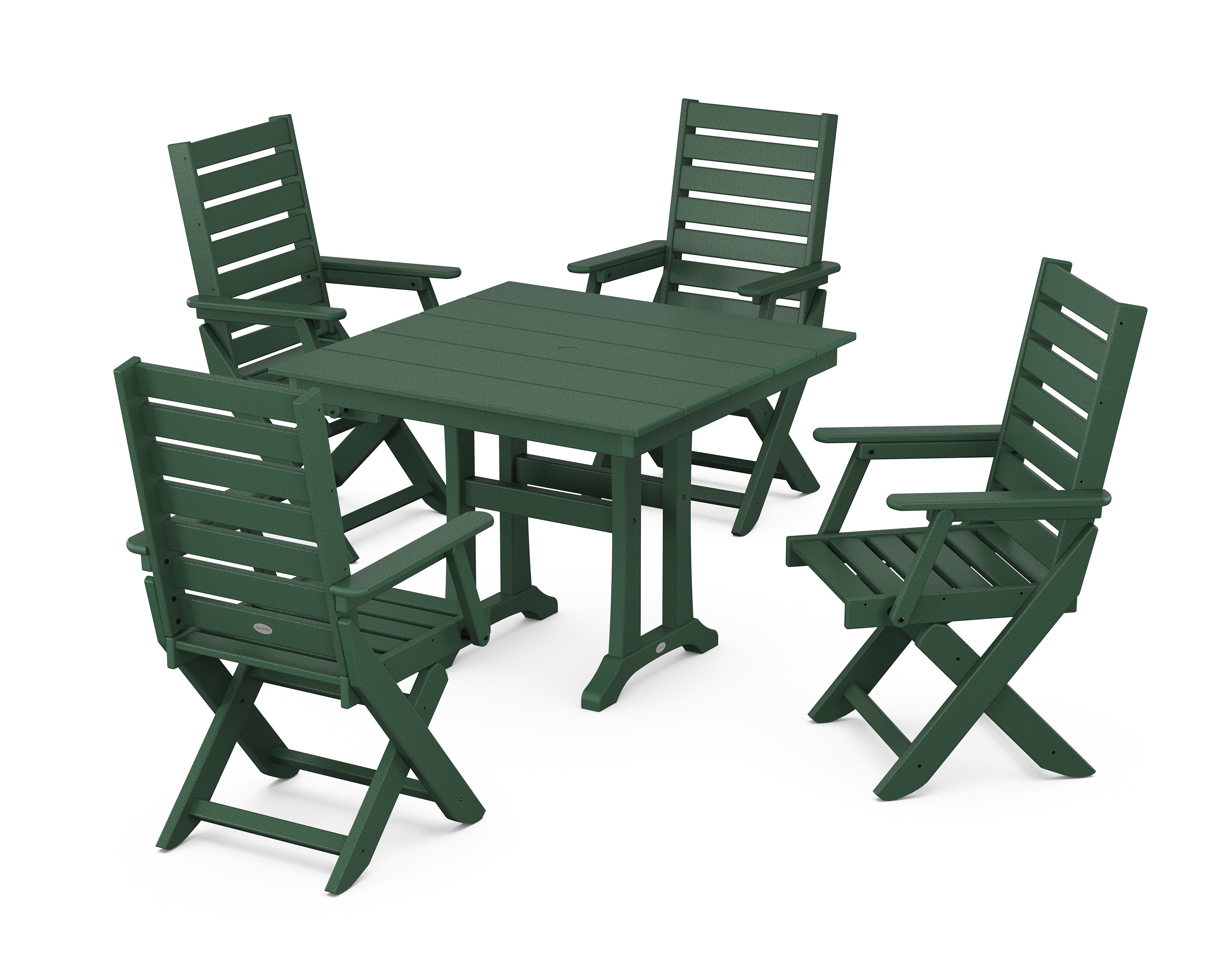 POLYWOOD® Captain Folding Chair 5-Piece Farmhouse Dining Set With Trestle Legs in Green