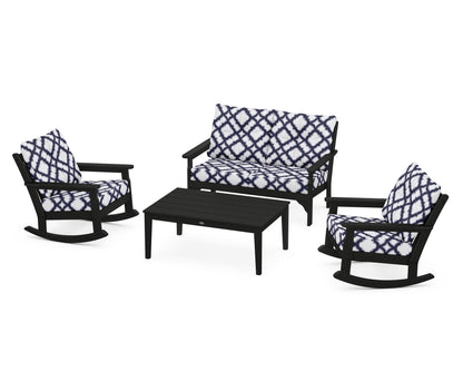 POLYWOOD® Vineyard 4-Piece Deep Seating Rocking Chair Set in Black / Trellis Navy